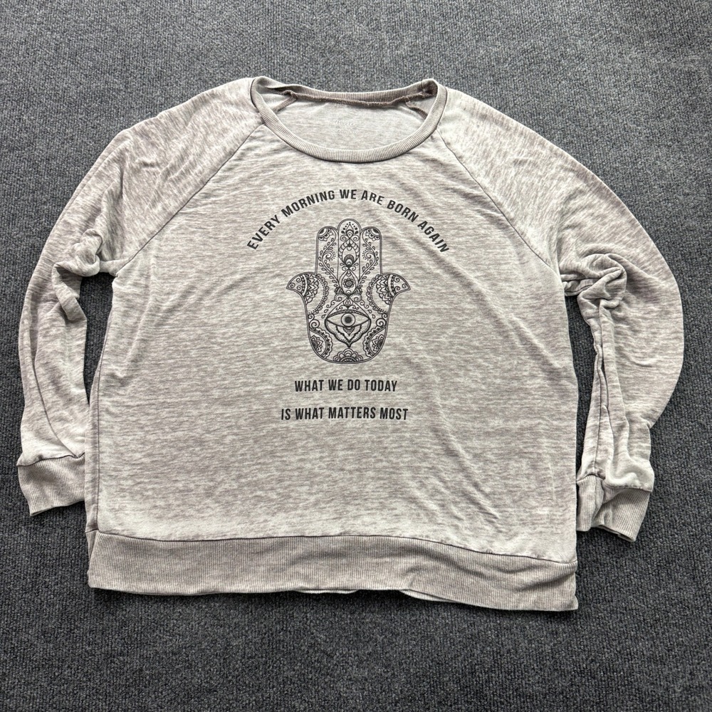 Miken Flow Hamsa Hand Sweatshirt Womens Large Grey Spiritual Graphic Raglan